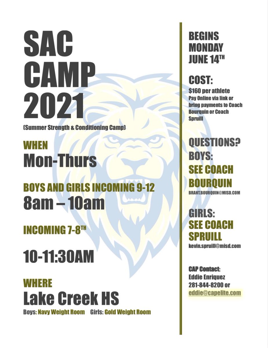 Summer SAC Camp 🏋🏼‍♀️

✔️Lake Creek HS 🦁
✔️Begins Mon. 6/14
✔️Grades 7-12
✔️Mon-Thurs
✔️8-10am &amp; 10-11:30am

Sign up here 👇🏼

pocketsuite.io/book/cap-elite…