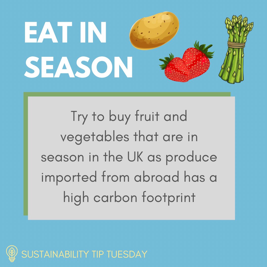#TipTuesday This week we want to encourage you to research which foods are in season before buying to reduce the carbon footprint of your fruit &amp; veggies! 

UK produce in season in May: asparagus, aubergine, lettuce, new potatoes, peas, radish, spinach and strawberries! 🥬🥔🍓