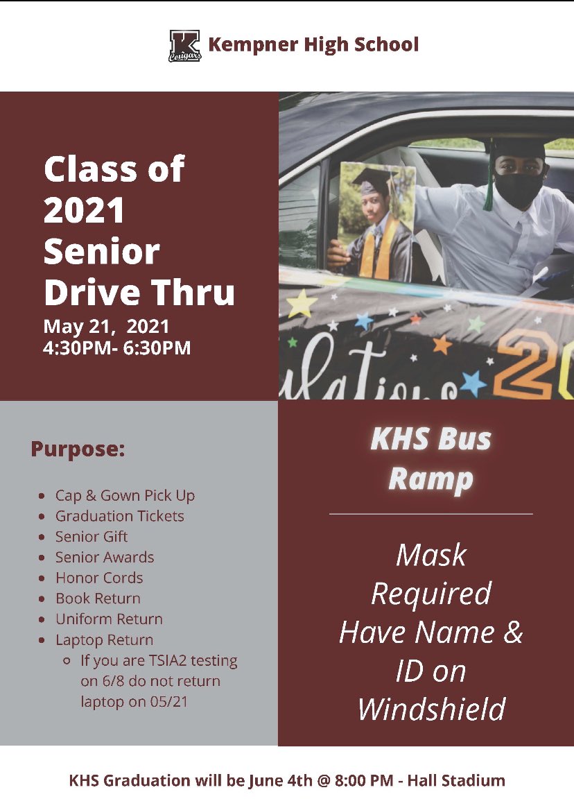 KHS_Cougars's tweet photo. Rain....sleet.....or snow.....we WILL have the Senior Drive Thru on Friday, May 21st from 4:30pm - 6:30pm. ALL seniors please make plans to attend. Please pack your patience. The lines may get long, but we promise to service every senior and parent. June 4th is coming! https://t.co/TTSiHuLy7p