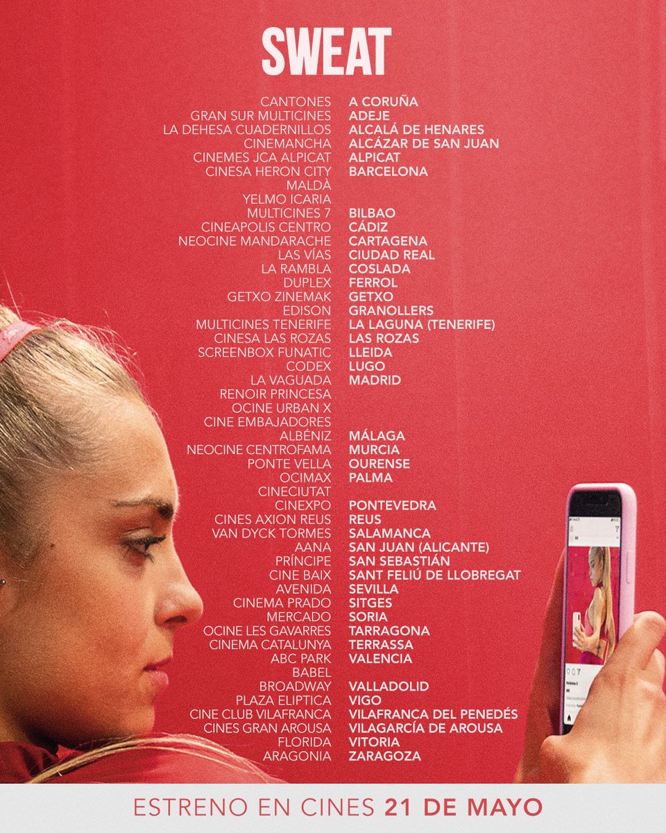 #Sweat llega a los cines este viernes 21 de mayo. 
Os dejamos la lista completa de salas donde podéis ver la película ⬇️
¿Quién quiere amigos, cuando tienes 600.000 seguidores? 📳