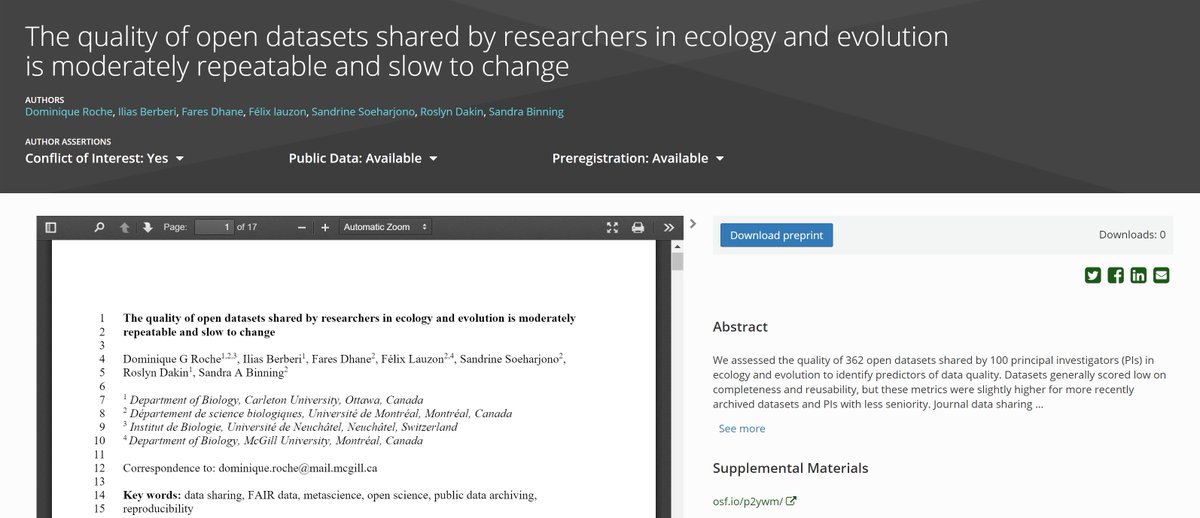 Dominique Roche (@dom_roche) on Twitter photo New preprint on the state of open data in #ecology & #evolution! Results in the thread below.
HUGE effort by <a href="/iliasberberi/">Ilias Berberi</a>, <a href="/FaresDhane/">Fares Dhane</a>, <a href="/FlixLauzon/">Félix Lauzon</a>, <a href="/sandrinetoupie/">Sandrine</a>, <a href="/rozdakin/">Roslyn Dakin</a> & <a href="/binsan5/">Sandra Binning 🇨🇦🇺🇦</a>
4,322 papers checked -> 928 with #opendata or DA statement ->...
ecoevorxiv.org/d63js New preprint on the state of open data in #ecology & #evolution! Results in the thread below.
HUGE effort by <a href="/iliasberberi/">Ilias Berberi</a>, <a href="/FaresDhane/">Fares Dhane</a>, <a href="/FlixLauzon/">Félix Lauzon</a>, <a href="/sandrinetoupie/">Sandrine</a>, <a href="/rozdakin/">Roslyn Dakin</a> & <a href="/binsan5/">Sandra Binning 🇨🇦🇺🇦</a>
4,322 papers checked -> 928 with #opendata or DA statement ->...
ecoevorxiv.org/d63js