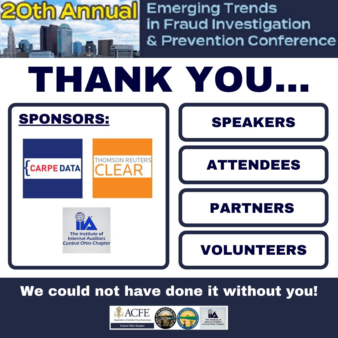 CentralOhioCFE's tweet photo. That's a wrap! ๐ฅณ๐ฅณ๐ฅณ We want to say a BIG thank you to everyone involved for making the virtual 20th Annual Emerging Trends in Fraud Investigation & Prevention Conference such a success! We hope to see you all again next year!
#centralohioacfe #emergingtrendsconference https://t.co/dFVz2wSqLq