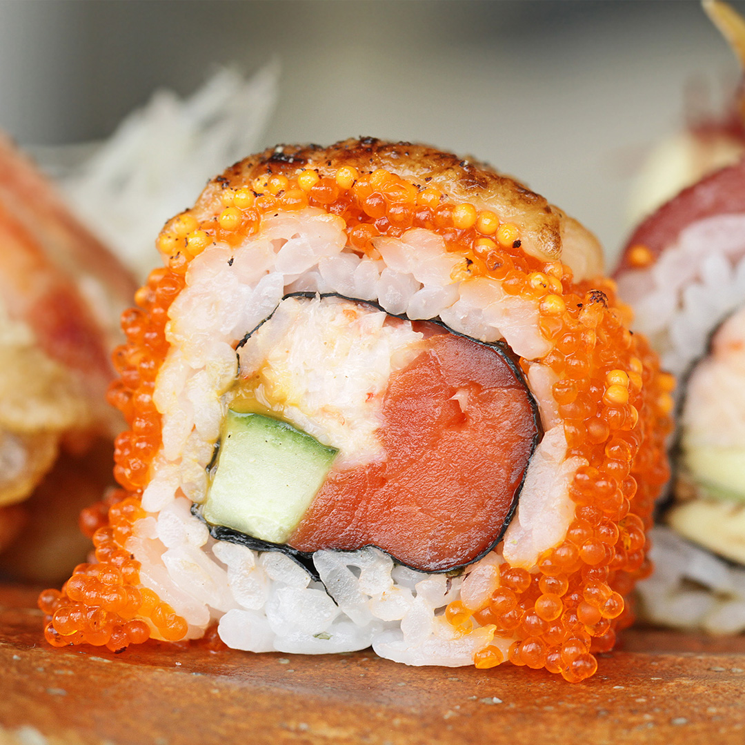 Better With Every Bite • Similar to our famous Aburi Oshi Sushi, our tobiko-covered Miku Roll is topped with our renowned Miku sauce and flame-seared to perfection. 

To place an order today, click here: linktr.ee/mikutoronto