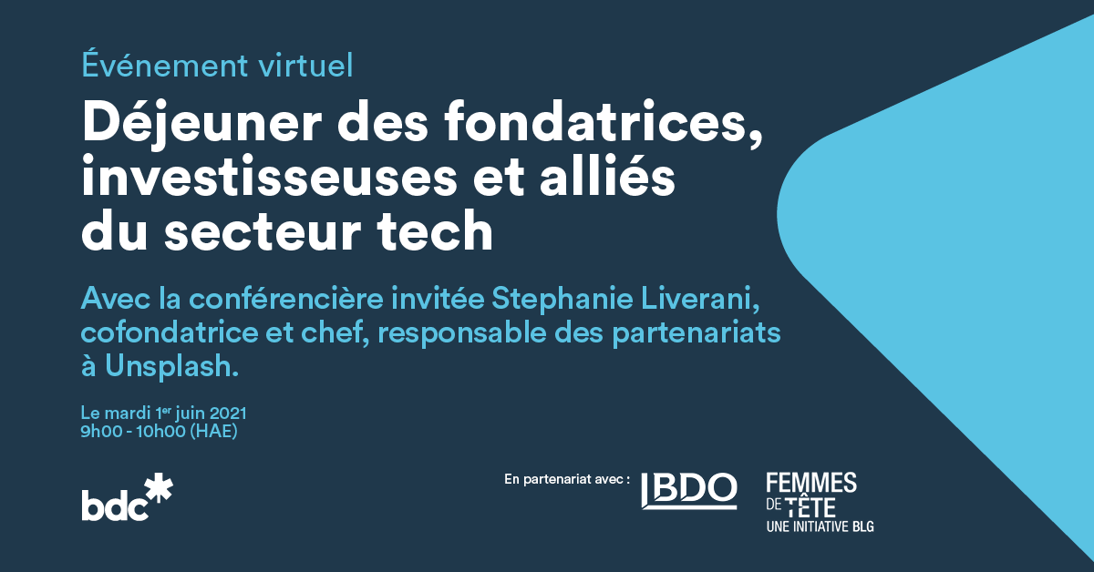 cvansundert's tweet photo. Joignez-vous à nous le 1er juin dans le cadre de cet événement virtuel qui met en lumière les femmes dans le secteur des technologies au #Quebec. @stephliverani @unsplash nous fera part de ses apprentissages. #WITFund @BDO_Canada @BLGLaw 

RSVP: https://t.co/YsWS4jLsHa https://t.co/dpSoiND3ax