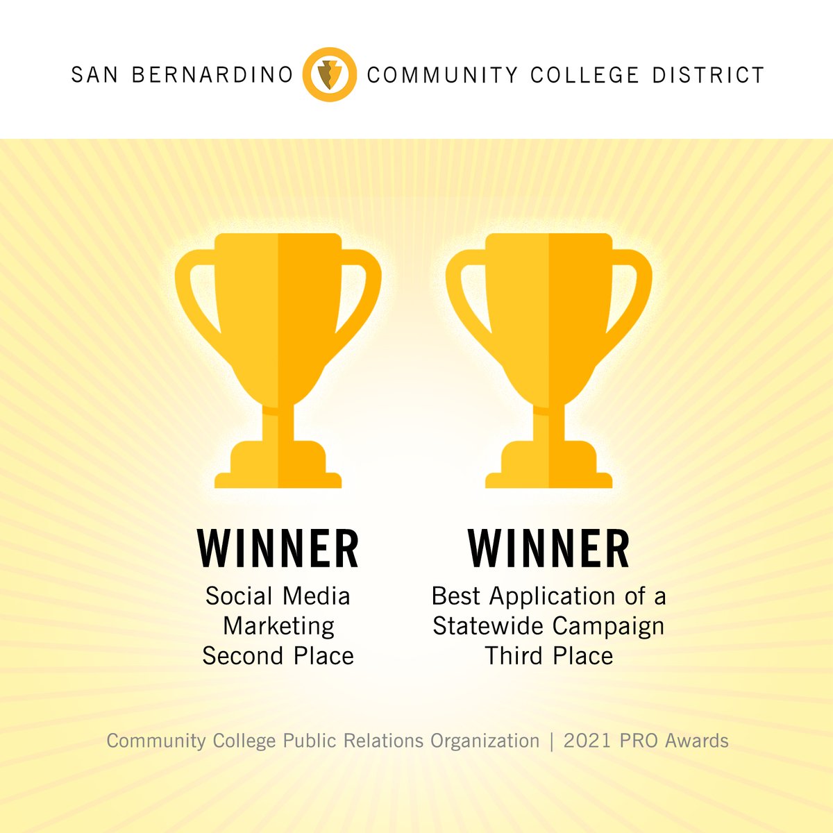 SBCCDcolleges's tweet photo. When it comes to promoting access to higher education, we keep it simple: we put our community at the center.
Thank you to the Community College Public Relations Organization for the recognition! #CCPRO https://t.co/mZXy9RFynw