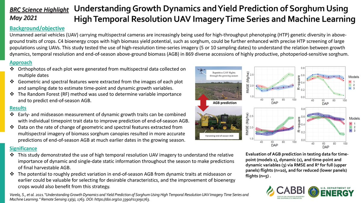 A #CABBI study led by <a href="/pixelvar79/">Sebastian Varela</a> used high temporal resolution images from drones to understand the relative importance of dynamic and static information throughout the season to predict final above-ground biomass for sorghum. This could benefit work to improve bioenergy crops.