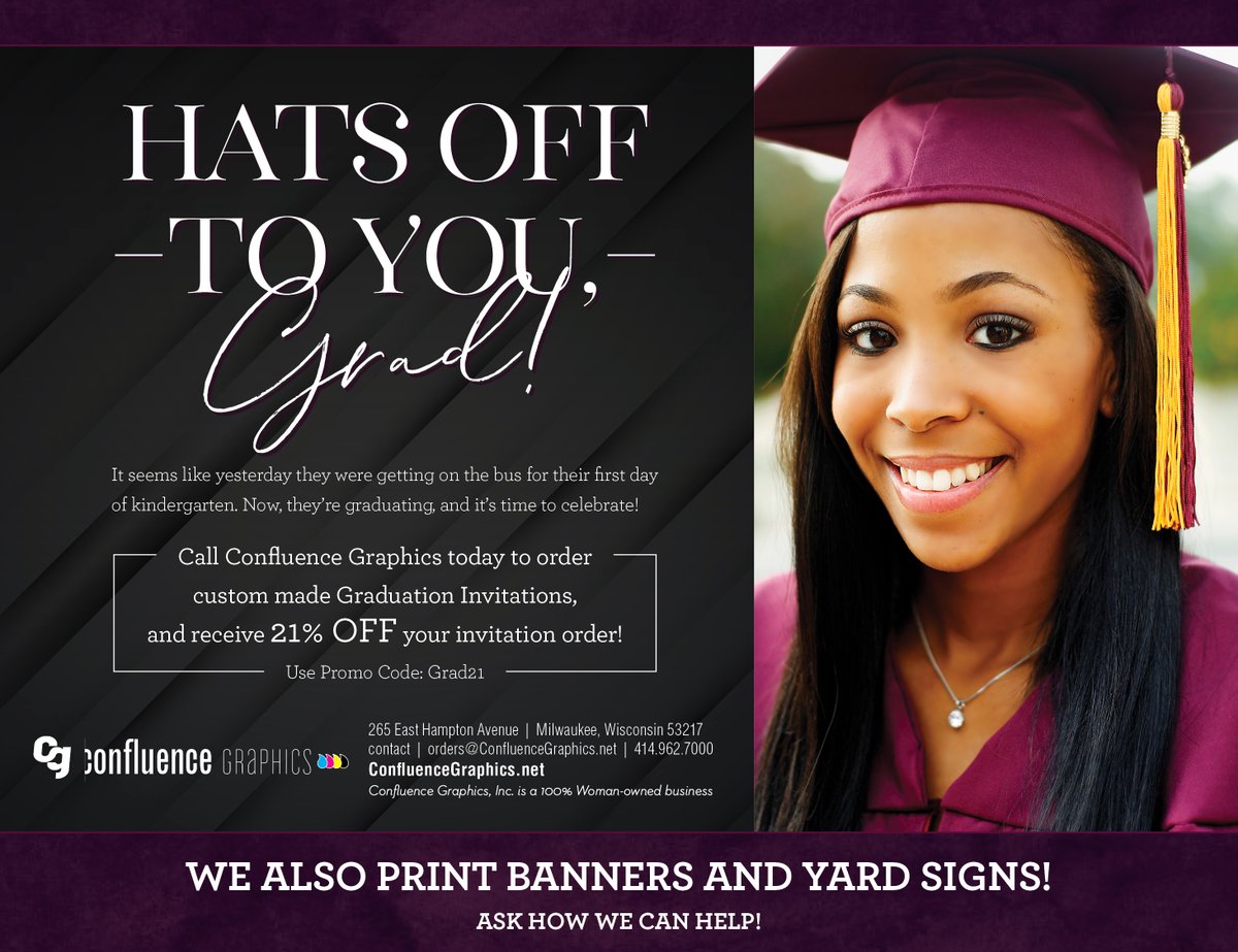 It's not too late to #order your #graduation #invitation!
Call or email today! 414-962-7000 or orders@ConfluenceGraphics.net
We also print #banners and #yardsigns
#Graduation2021!!