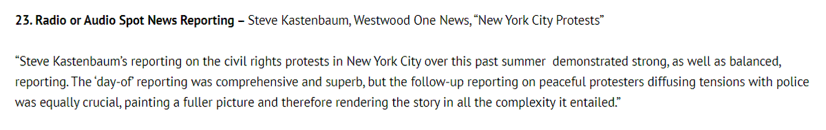 SKastenbaum's tweet photo. I just re-read what the @deadlineclub judges wrote about my winning submission in the category of Radio Spot News Reporting. I am incredibly honored and humbled by their evaluation of my reporting on the George Floyd/Black Lives Matter protests in NYC.  Thank you! https://t.co/1JFfQnIPEm