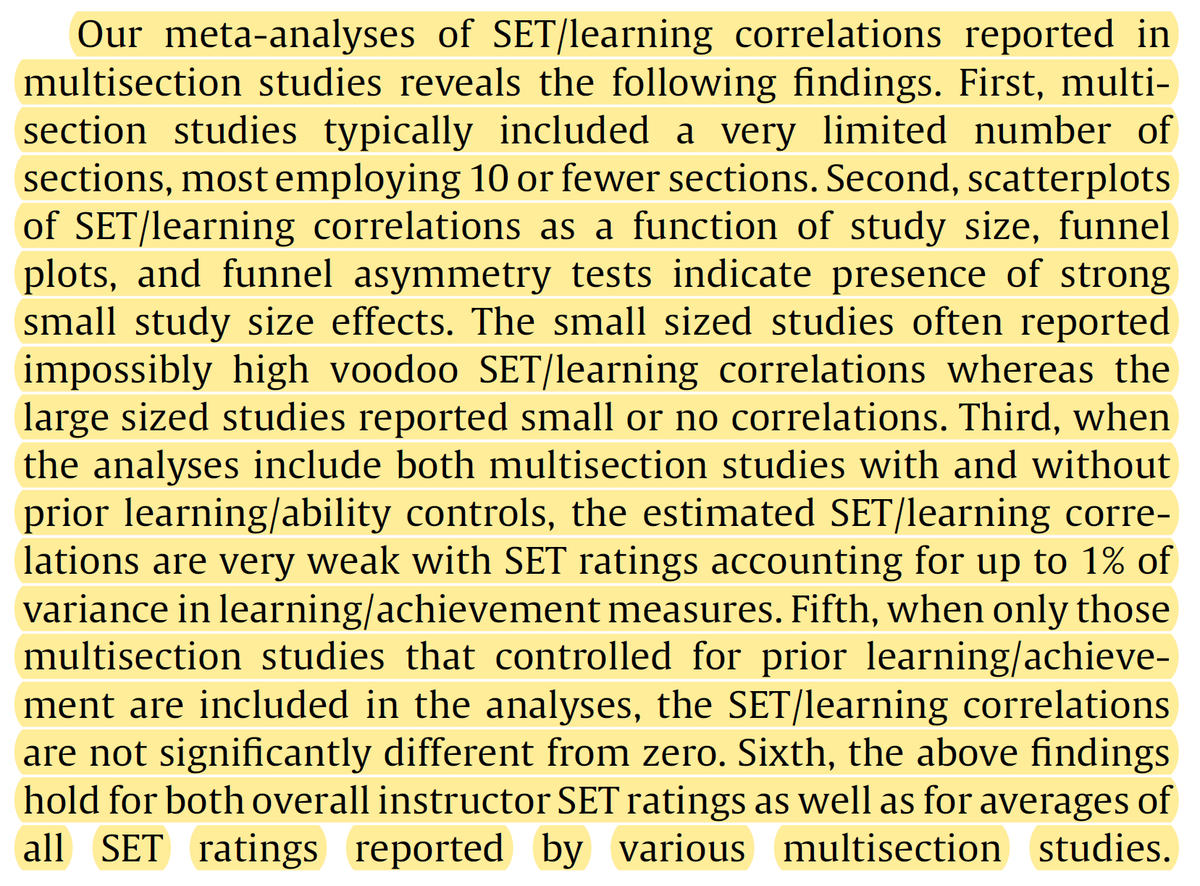 Meta-analysis shows that there is no correlation between college student learning and students' ratings of their instructor/professor. Prior studies showing a correlation were due to publication bias and small sample sizes. h/t: @DrJessicaCHill doi.org/10.1016/j.stue…
