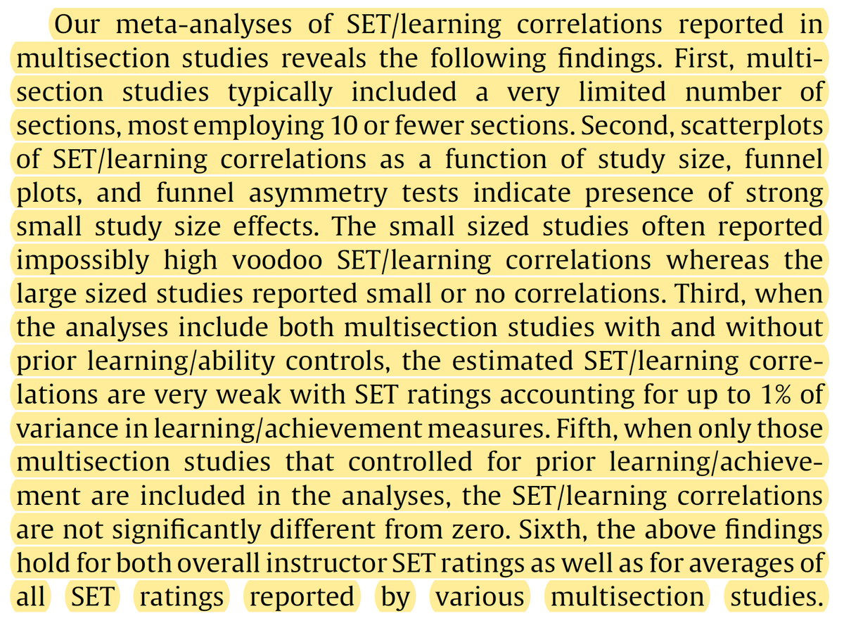 Russwarne's tweet photo. Meta-analysis shows that there is no correlation between college student learning and students' ratings of their instructor/professor. Prior studies showing a correlation were due to publication bias and small sample sizes.
h/t: @DrJessicaCHill 
https://t.co/8V8LvS1eBo https://t.co/FYUlSxHuvZ