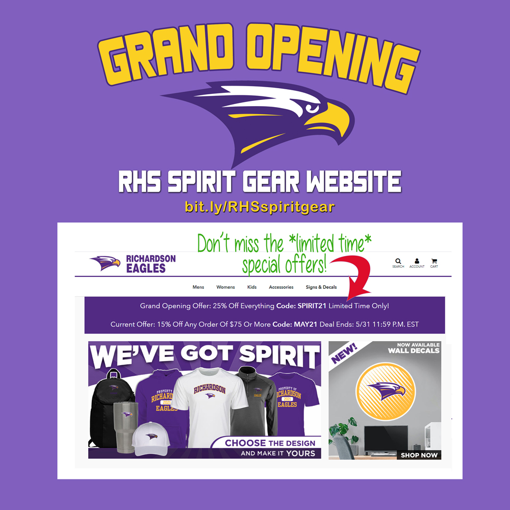 GRAND OPENING: <a href="/richardsonhs1/">Richardson HS</a> spirit gear website bit.ly/RHSspiritgear Choose from multiple designs and create your fave shirt, hoodie or accessory. Something for everyone - even Eagle Alums &amp; future Eagles! Limited time special offers won't last long! #EagleSpirit
