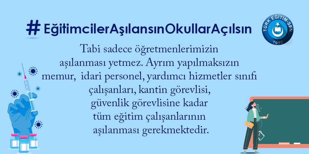 Talip Geylan (@talipgeylan06) on Twitter photo Kasım 2020’den beri söylüyoruz: Kesintiye uğrayan eğitim sürecinde ortaya çıkan öğrenme kayıplarının telafisi yıllar sürecektir.
Yüz yüze eğitime güvenle başlayabilmemiz için eğitim çalışanlarının aşılanması şarttır.
#EğitimcilerAşılansınOkullarAçılsın
<a href="/RTErdogan/">Recep Tayyip Erdoğan</a> <a href="/drfahrettinkoca/">Dr. Fahrettin Koca</a> Kasım 2020’den beri söylüyoruz: Kesintiye uğrayan eğitim sürecinde ortaya çıkan öğrenme kayıplarının telafisi yıllar sürecektir.
Yüz yüze eğitime güvenle başlayabilmemiz için eğitim çalışanlarının aşılanması şarttır.
#EğitimcilerAşılansınOkullarAçılsın
<a href="/RTErdogan/">Recep Tayyip Erdoğan</a> <a href="/drfahrettinkoca/">Dr. Fahrettin Koca</a>