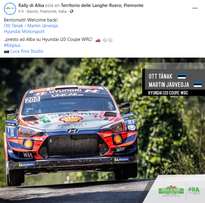 RubnPerez's tweet photo. Ott Tanak y Martin Jarveoja, presentes en el mes de Junio, los días 12 y 13, en el #RallydiAlba, en Italia.

El dúo estonio lo hará al volante del Hyundai i20 WRC. Esta cita es puntuable para el #CIWRC.

La propia organización lo anunciaba esta misma mañana: https://t.co/isMK1VJXxr