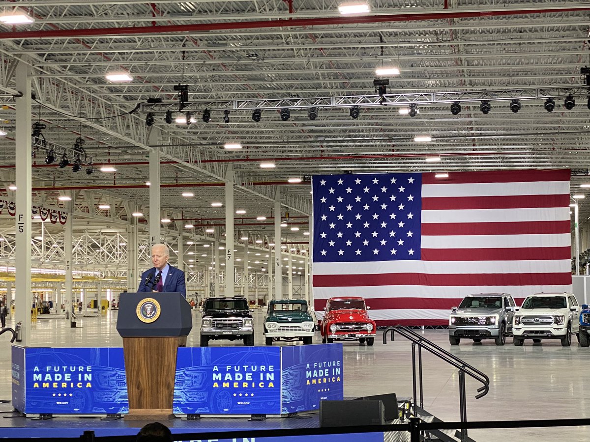 mtruby's tweet photo. “I wanted to be here the day before you show the next generation of the best selling vehicle in America. Thank you for showing how we win the future.” -President Joe Biden #F150 https://t.co/hU4AUT1Fz2