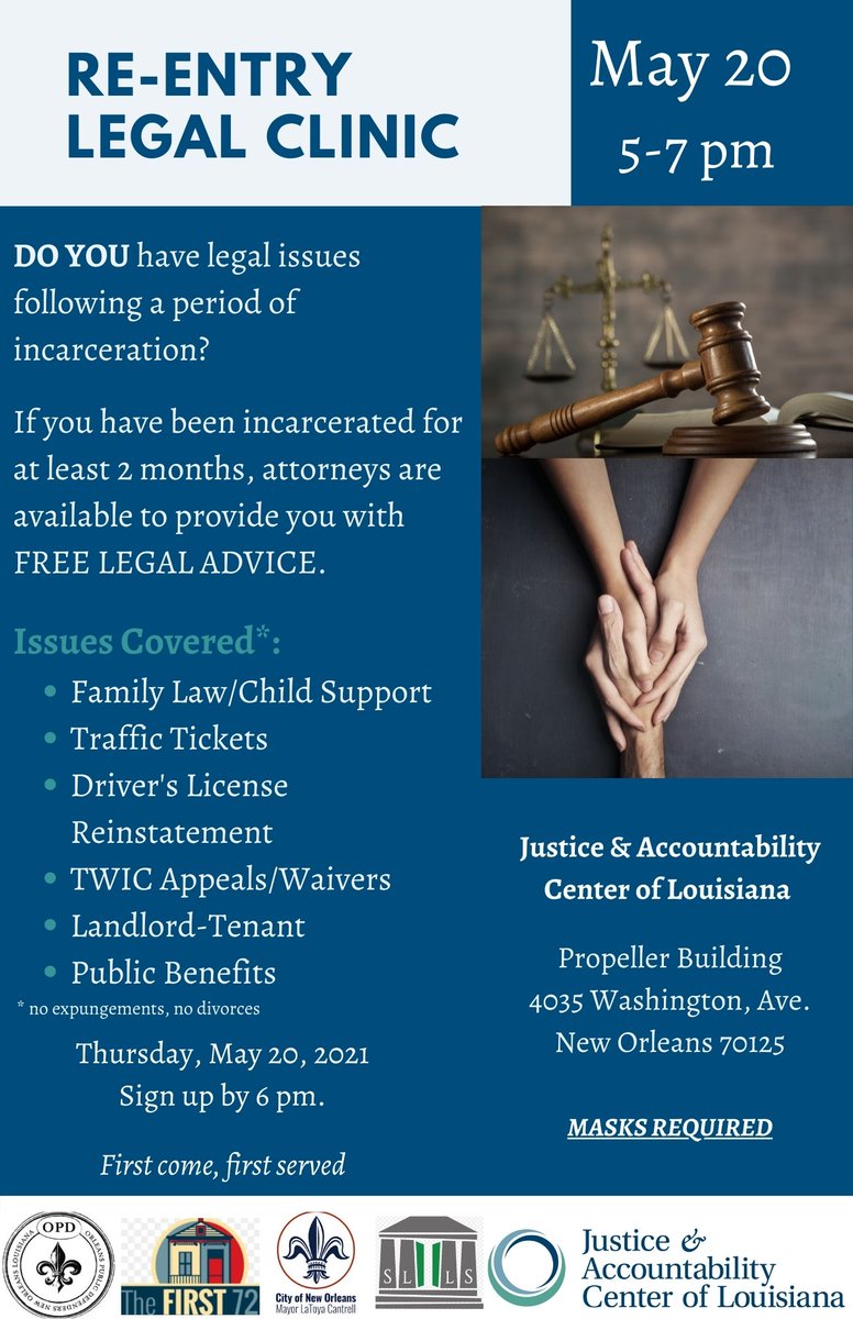 Formerly incarcerated? Need legal advice?  Come to our legal clinic this THURSDAY! 

<a href="/First72Plus/">The First 72+</a> <a href="/TheOR_NOLA/">Operation Restoration</a> @FIPVOTENOLA <a href="/StepUpLA/">Step Up Louisiana</a>
