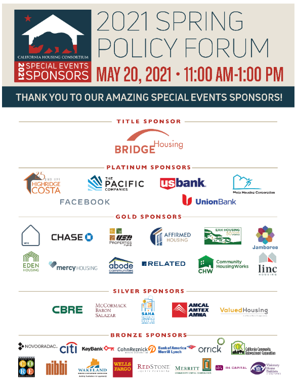 calhsng's tweet photo. CHC's 2021 #SpringPolicyForum is only a few days away! Register now to join the discussion about what's next for #AffordableHousing in California.
Details here: ▶️https://t.co/u0SvB8dp6f
And a heartfelt THANK YOU to our sponsors! https://t.co/u3Jvhu4f9l