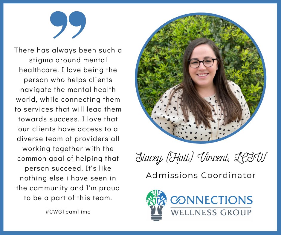 This is Stacey, one of our wonderful admissions coordinators here at CWG. She is vital to our team and our community as she offers mental health screenings and helps people find the appropriate care that they need!  #CWGTeamTime #StayConnected