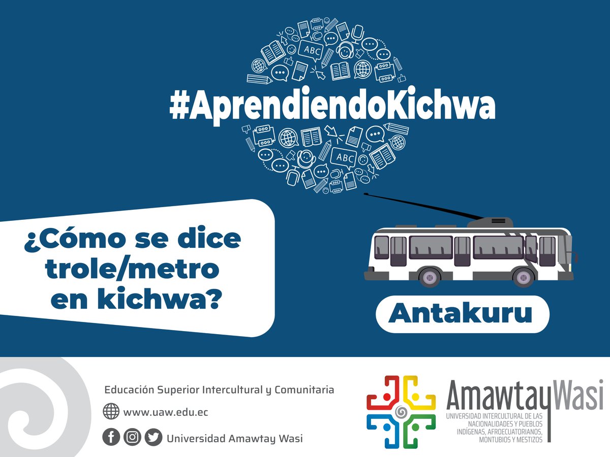 🟡 #AprendiendoKichwa | ¿Sabes cómo se dice trole/metro en kichwa? Se dice: antakuru 
 
📝 Los estudiantes de nuestra Carrera de Lengua y Cultura se especializan en Kichwa, una de las lenguas de los pueblos y nacionalidades indígenas del Ecuador.