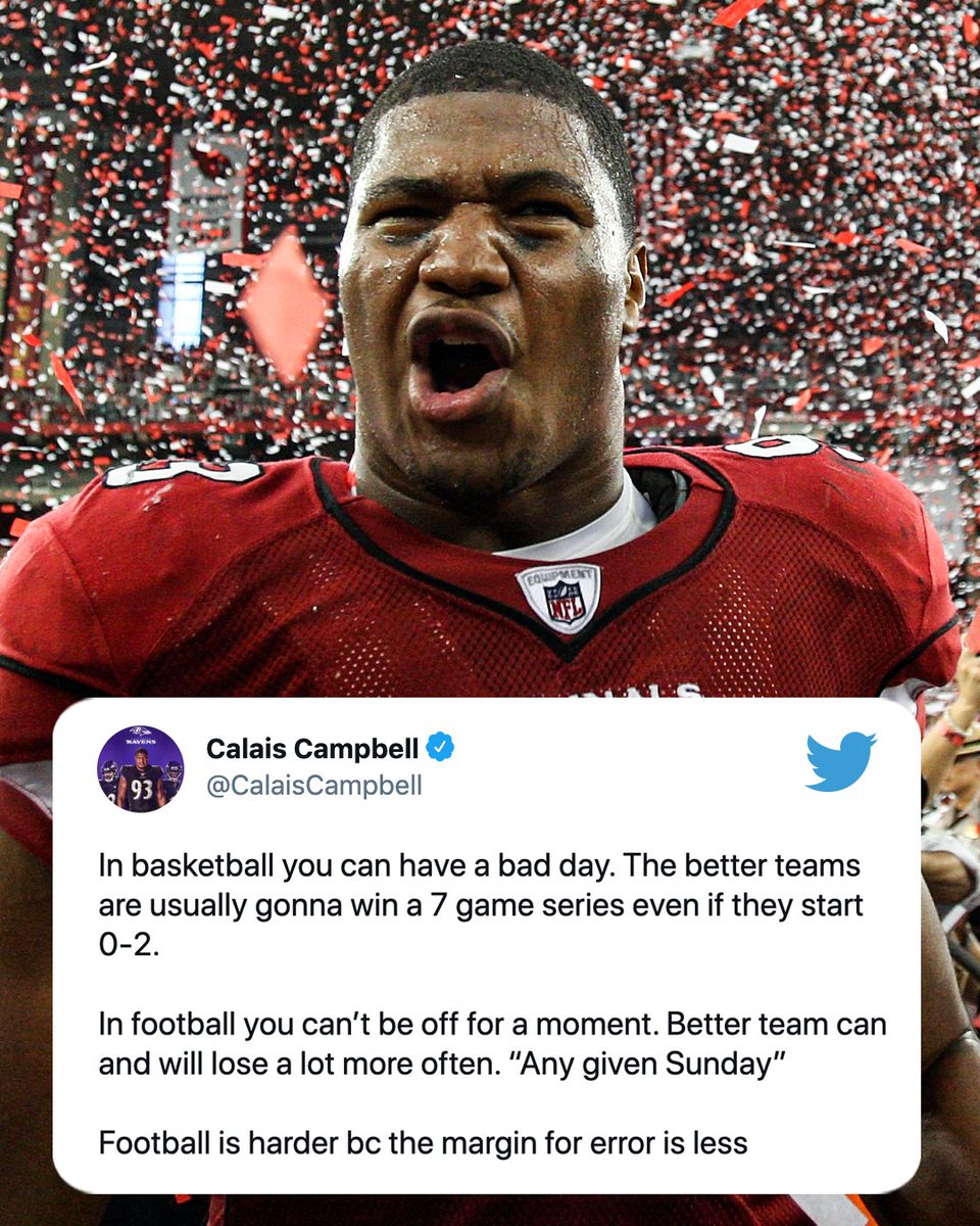 The debate continues ... is it harder to win a title in the NFL or NBA? 🤔

<a href="/CalaisCampbell/">Calais Campbell</a>