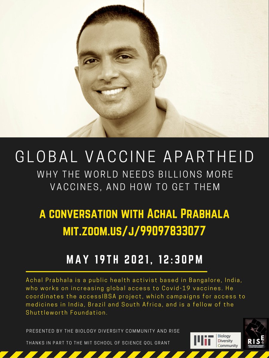 MITGradUnion's tweet photo. We're partnering with @BDC_MIT to host a community conversation on global, equitable access to COVID-19 vaccines TOMORROW 5/19 at 12:30pm ft. Achal Prabhala, an India-based writer and intellectual property reform activist. All are welcome!
🔗https://t.co/DILagbhOfx https://t.co/lGEDm5HfLo
