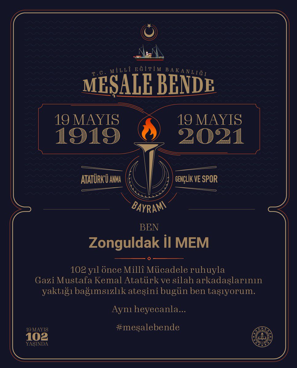102 yıl önce Milli Mücadele ruhuyla Gazi Mustafa Kemal Atatürk ve silah arkadaşlarının yaktığı bağımsızlık ateşini bugün Zonguldak İl Milli Eğitim Müdürlüğü olarak biz taşıyoruz.

Aynı heyecanla...

#meşalebende 

<a href="/tcmeb/">Millî Eğitim Bakanlığı</a>
<a href="/ali_tosun77/">Ali TOSUN</a>