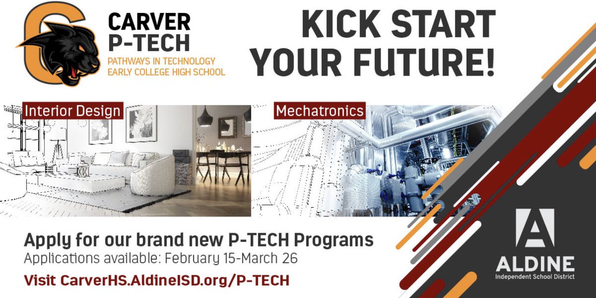 New Mechatronics and Interior Design P-TECH School Programs to Open in Aldine ISD. Carver HS will be home to the new specialized programs for 50 entering ninth-graders. Apply now for fall 2021 at bit.ly/3pY4ya6 #AldineISD