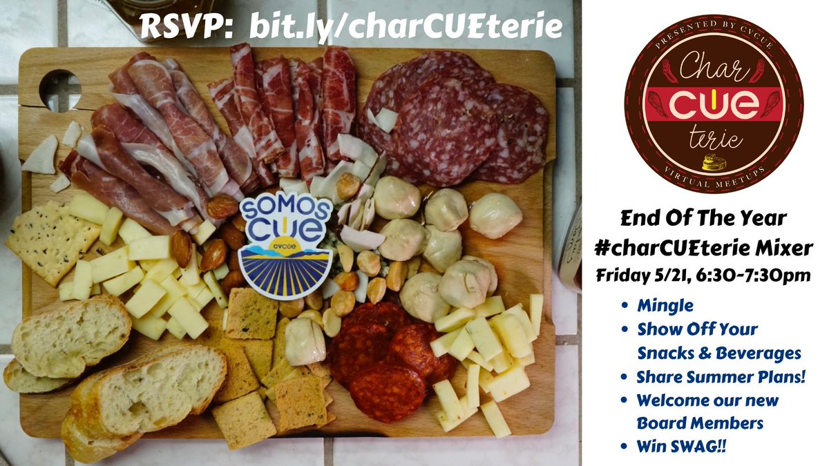 Central Valley Educators!
Join us for our end of the year #charCUEterie meet up this Friday, 5/21 at 6:30pm for some networking and to help welcome our newly elected board members.
Plus, we will be giving away some swag!

RSVP today! 👇🏽
bit.ly/charCUEterie