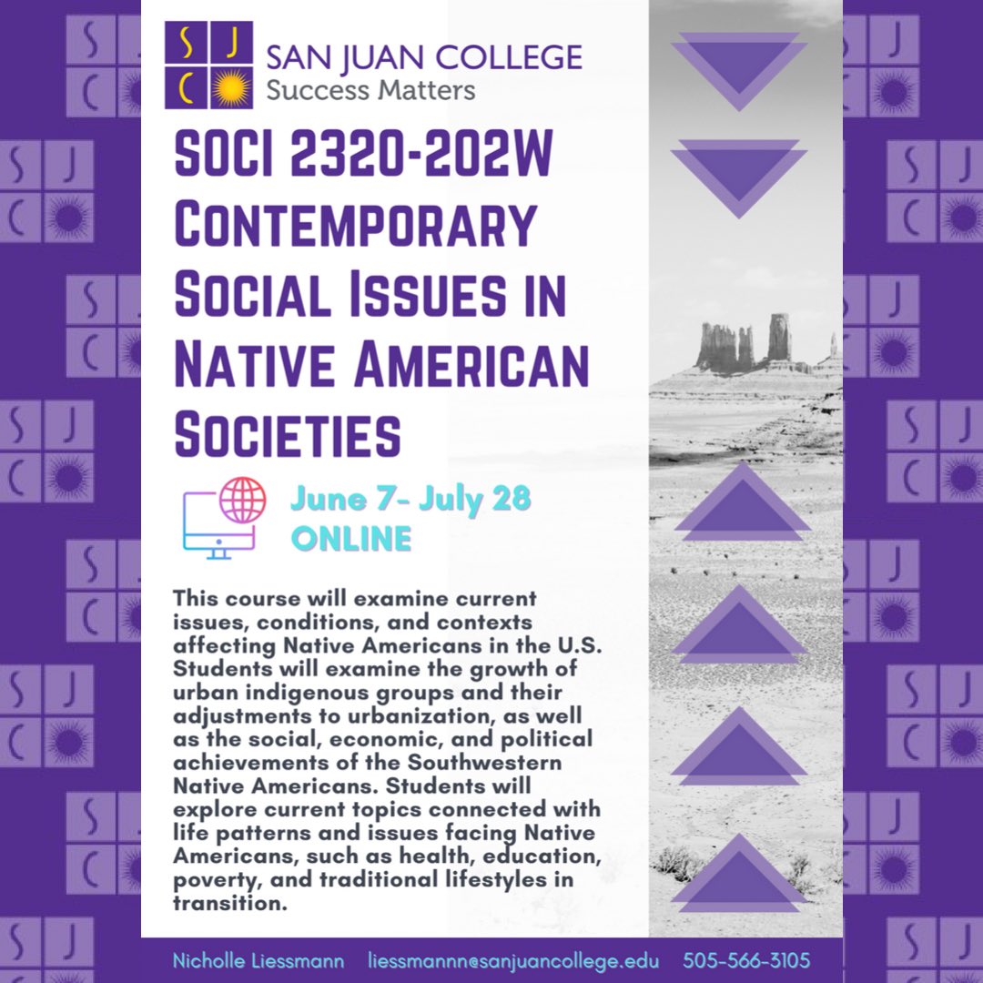 SJCNativeStudy's tweet image. 🙌🏽NEW Summer Course Offering👀
SOCI 2320-202W Contemporary Social Issues in Native American Societies
Online course, June 7- July 28
#NativeStudies #NativeAmericanStudies #sjc
