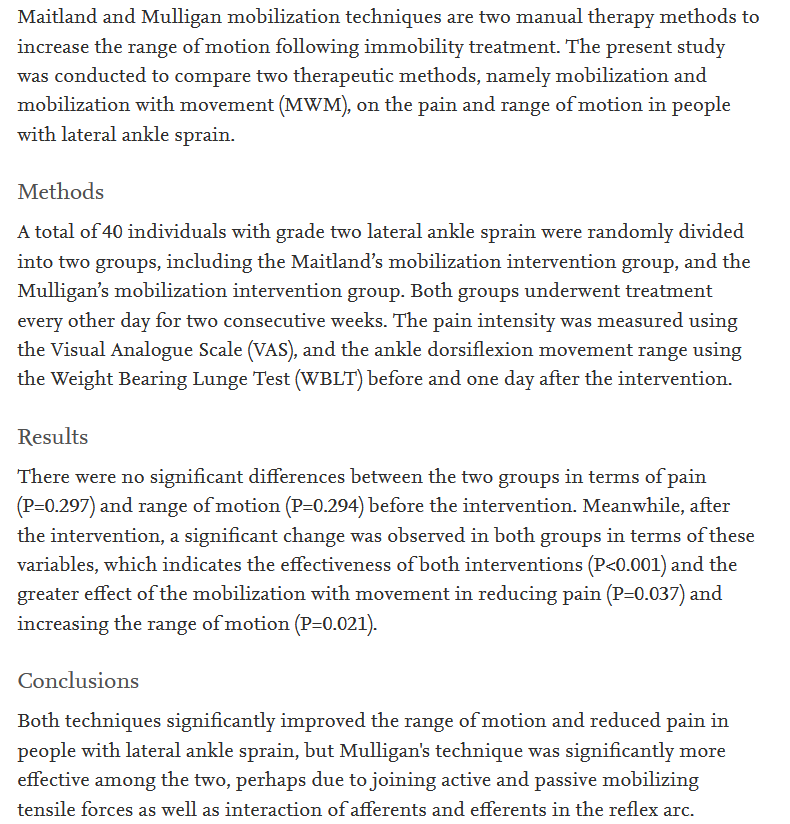 PhysioMeScience's tweet photo. A comparison of mobilization and mobilization with movement on pain and range of motion in people with lateral ankle sprain: A randomized clinical trial

👀👀👇👇

https://t.co/97J4RJOVEx https://t.co/REcZoRNIuD