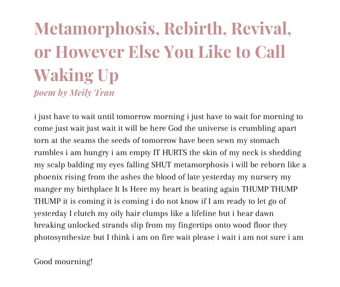 Meily Tran (@tran_scendence) on Twitter photo tw // trichotillomania (implied)
i am taking a brief pause from studying for ap econ to bring you all another edgy poem about not being able to fall asleep because your body is making you miserable 😃 thanks so much to <a href="/ParacosmLit/">Paracosm Literary Journal | Read Issue 01!</a>’s for including it in their inaugural issue!! tw // trichotillomania (implied)
i am taking a brief pause from studying for ap econ to bring you all another edgy poem about not being able to fall asleep because your body is making you miserable 😃 thanks so much to <a href="/ParacosmLit/">Paracosm Literary Journal | Read Issue 01!</a>’s for including it in their inaugural issue!!