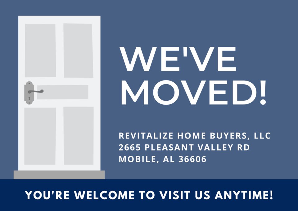 ProFastOffers's tweet image. Revitalize Home Buyers, LLC has a new office located at 2665 Pleasant Valley Road! We're excited to serve you from our new office. If you need to contact us, our phone number remains the same: (251) 272-3455  #homebuyers #realestateexperts #webuyhouses