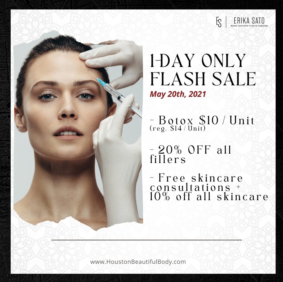 ErikaSatoMD's tweet photo. Set a reminder for this Thursday to take advantage of our 1 DAY ONLY flash sale!

- Botox $10/Unit
- 20% OFF all fillers
- Free skincare -consultations + 10% off all skincare

#Botox #Fillers #Skincare #HoustonBotox #BotoxHouston #FillersHouston #HoustonSkincare https://t.co/Ty8lHDaANv