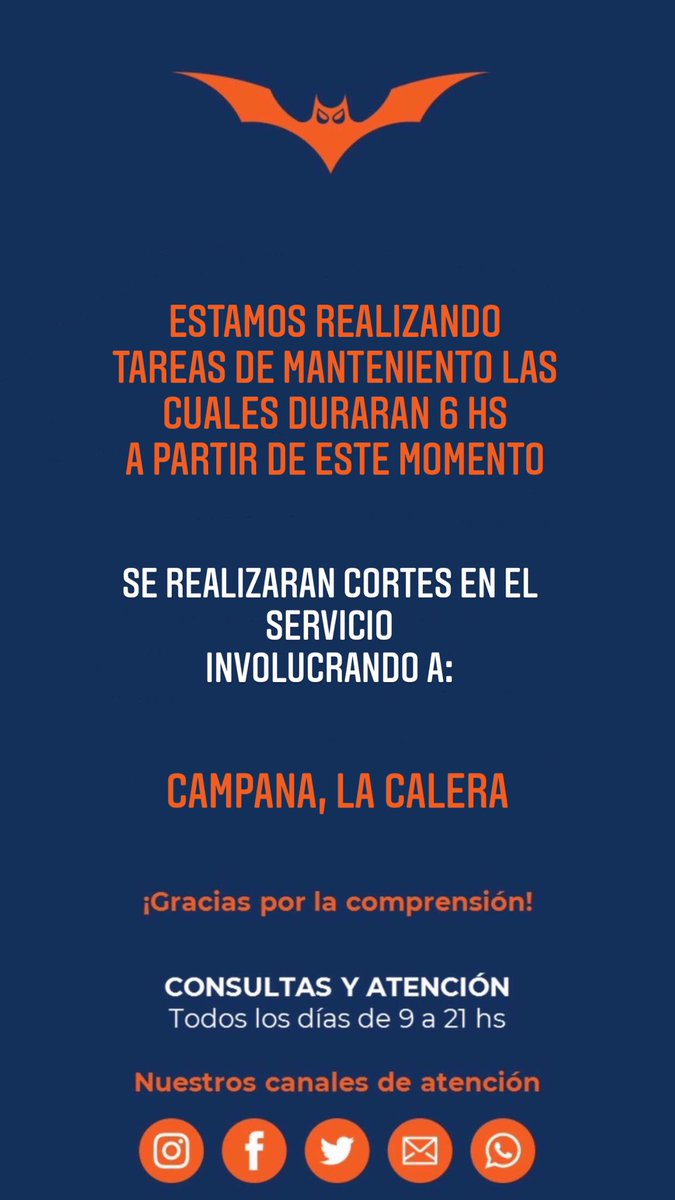 Estamos realizando tareas de mantenimiento, las cuales durarán 6 hs a partir de este momento.

Se realizarán cortes en el servicio involucrando a:
Campana, La Calera.

#TrabajosPorMejoras