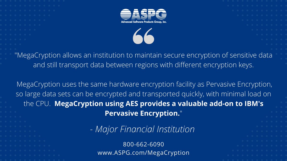 aspg_inc's tweet photo. MegaCryption is assisting major #financial institutions in protecting vital #data.
Find out how MegaCryption works alongside #PervasiveEncryption
https://t.co/AcNpfUkgpg
#datasecurity #cybersecurity #dataprotection #encryption #cryptography https://t.co/ofXn4A3gwS
