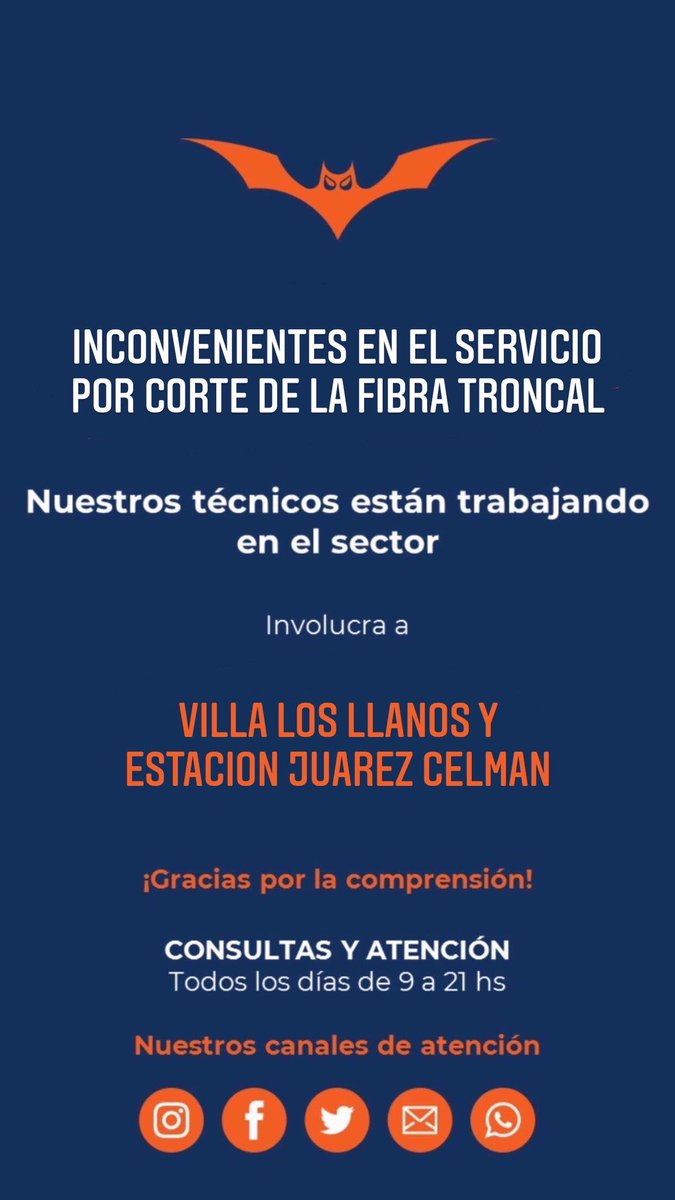 Inconvenientes en el servicio por corte de la fibra troncal.
Nuestros técnicos están trabajando en el sector.

Involucra a: 
Villa Los Llanos y Estación Juarez Celman