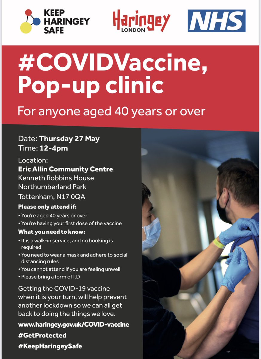 TottFoodbank's tweet photo. Pop up vaccination clinic in Northumberland Park next Thursday afternoon for anyone over 40 getting their 1st jab 💉🦠👟@SelbyCentre @WheelyTots @HaringeyCoOrg @GospelTempleAC @HarPAofficial @BruceGroveRes https://t.co/MvDgIaai2c