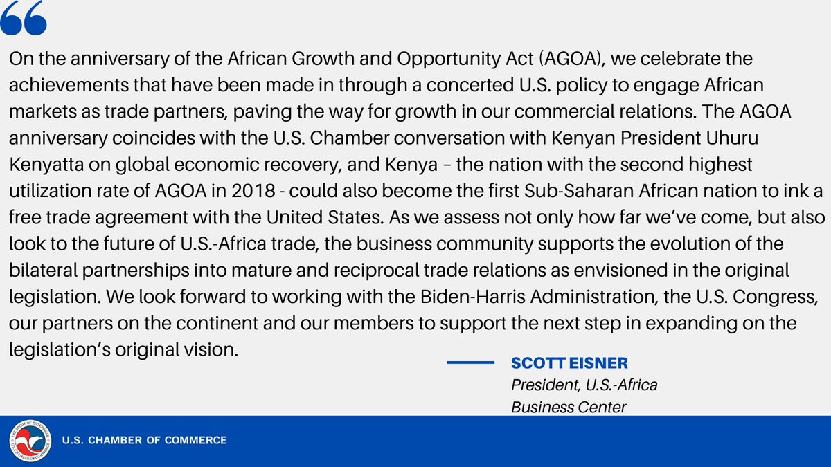 The @USChamber celebrates @AGOAinfo achievements that have been made in U.S. policy to engage African markets as trade partners. We look forward to working with @POTUS, the U.S. Congress, our partners and members to support the next step in expanding on the legislation’s vision.