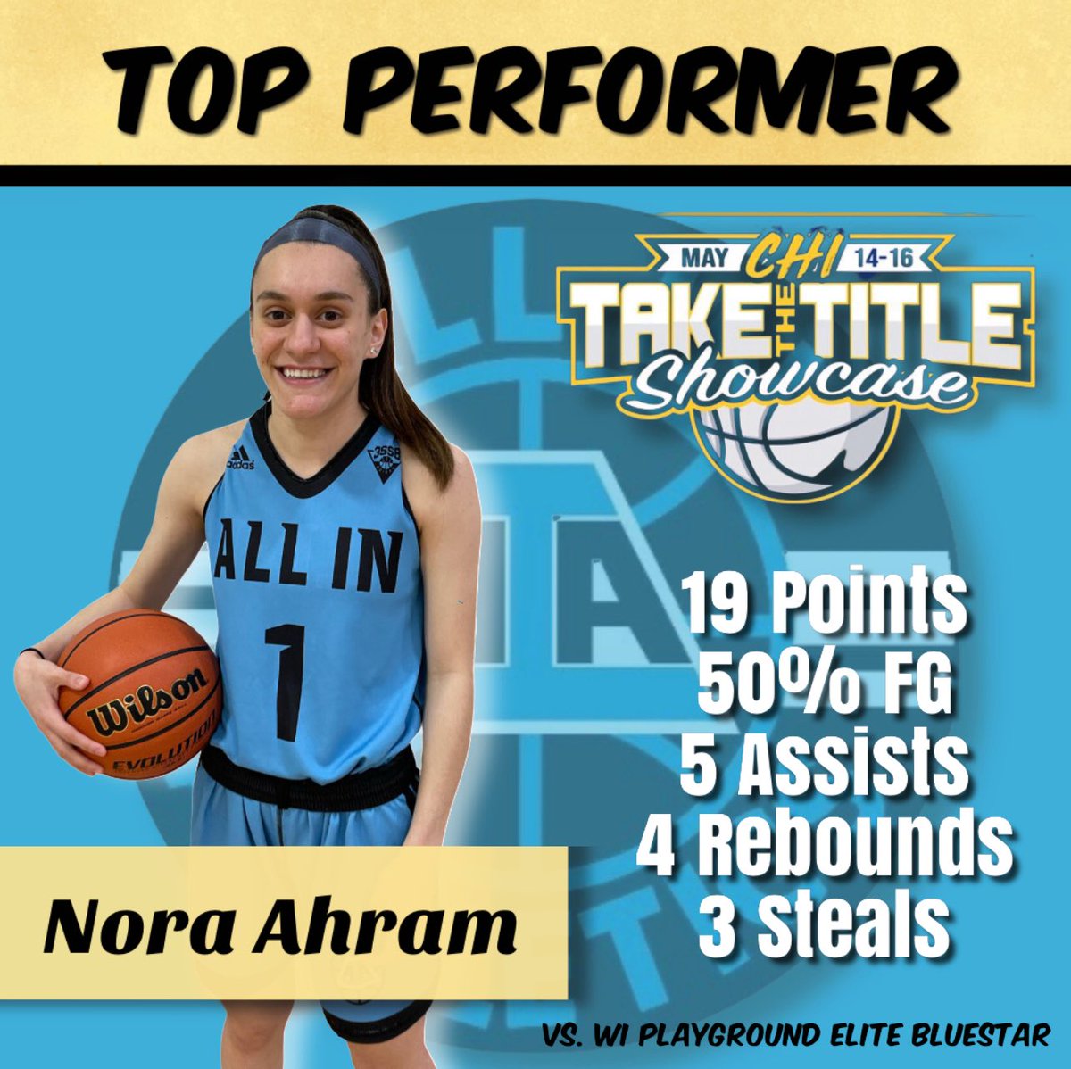 ALL IN 2022 @NoraAhram of @ViatorGBB turned a lot of heads over the weekend at @jrallstarevents Take the Title Showcase in Pleasant Prairie. A point guard who can score the basketball and get her teammates involved. We love to see it!