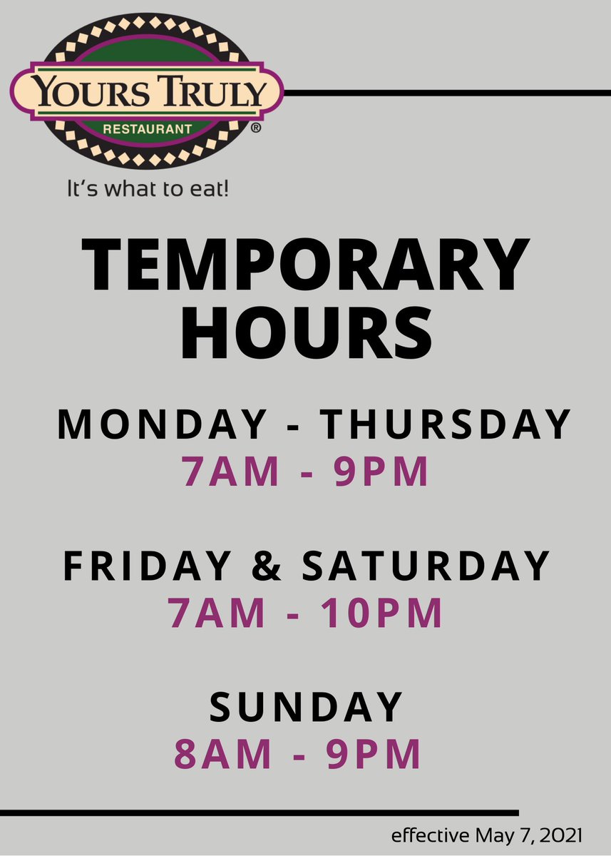 Temporary Hours for all locations: