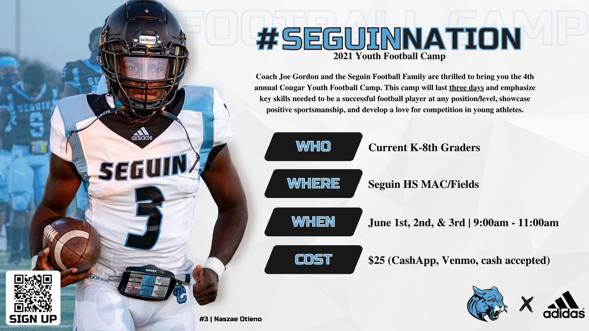 Summer '21‼️

Seguin Football Youth Camp:
📆 6/1, 6/2, &amp; 6/3
🕞 9:00am - 11:00am
🔗 forms.gle/jpixKpnQtA47Ta…

Summer Strength &amp; Cond.:
📆 Mon, Tue, Wed, Thur - 6/7 - 7/29
🕞 6:30am check-in, 10:00am depart
🔗 forms.gle/YQNHRMs8T1SLSJ…

Register at the links above!

#SeguinNation