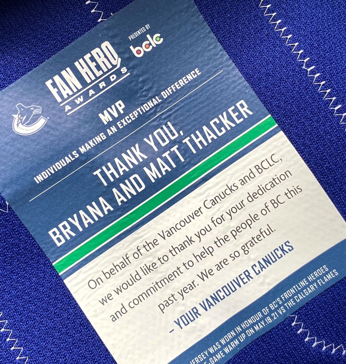 BCLC's tweet photo. BCLC is proud to present the #Canucks #FrontLineWorkers Appreciation Game happening at 1:00 pm today (PT). 

Each @Canucks player will be wearing the name of a frontline worker from #BC during their warmup.🏒 https://t.co/d3KIb9kI1g