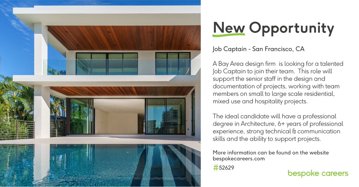 BespokeCareers's tweet image. A #BayArea firm is looking for a talented #JobCaptain!

This role will support the senior staff in the #design and documentation of projects, working with team members on small to large scale #residential, #mixeduse &amp;amp; #hospitality projects.

Apply here: ow.ly/rEe150ENda5