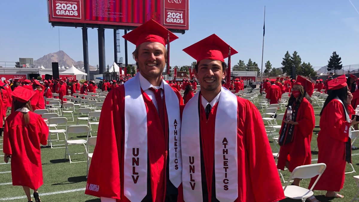 unlvbaseball's tweet photo. Congrats to our 6 Spring 2021 graduates! 🔴⚫️��️🎓

AJ Amelburu
Eric Bigani
Brendan Brooks
Trevor Rosenberg
Bradley Spooner
Conner Woods

#BEaREBEL | #UNLVGrad | #RebelsForever https://t.co/0VsQmepTXx