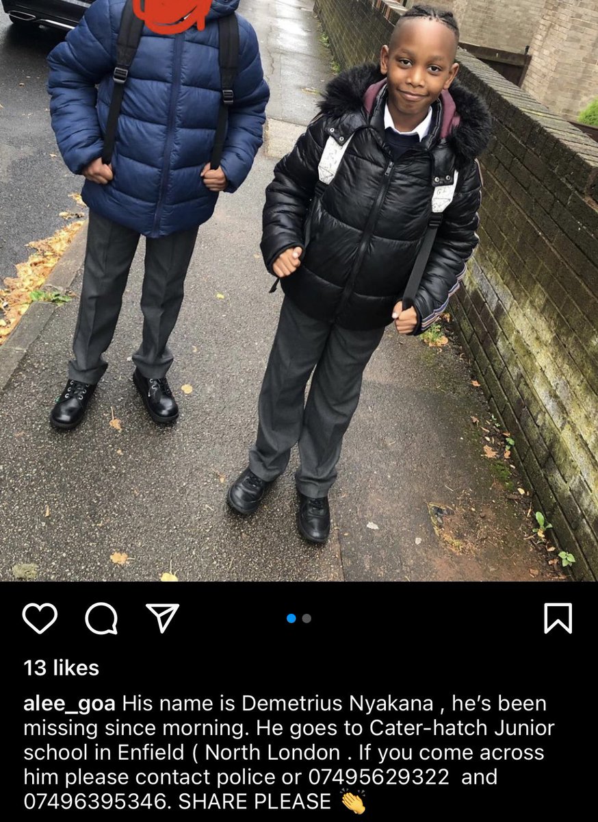 Hi everyone Demetrius was FOUND. He was kidnapped around 8am in the Enfield area, he was then taken to a house where there was other kids. He said they were forced to to take a pill which made them drowsy n sleepy. He managed to escape later n was found by teachers and police. RT