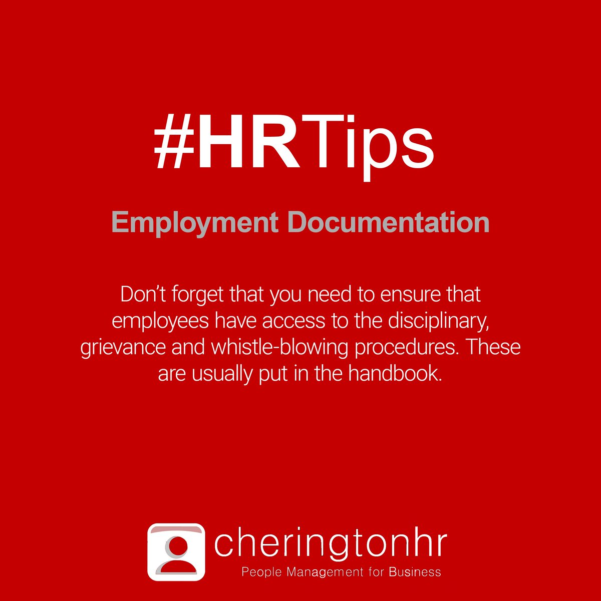 CHERINGTON_HR's tweet image. When putting together employment docs don't forget that you need to ensure that employees have access to the disciplinary, grievance and whistle-blowing procedures.  These are usually put in the handbook.  cheringtonhr.com/human-resource… #HRTips #EthicalHR #UptonHour
