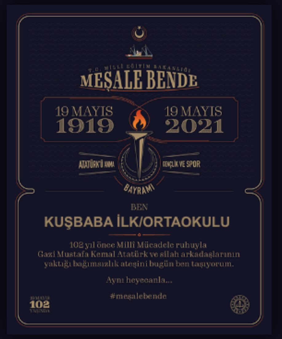 KusbabaO's tweet photo. Gençler !
102 yıl önce Gazi Mustafa Kemal Atatürk ve silah arkadaşlarının Samsun’da yaktığı bu ateş , sizlerle daha güçlü 
🇹🇷🇹🇷🇹🇷
#meşalebende 
#meşalebizde 
#kuşbabailkortaokulu 
#eğitiminhayatlabuluştuğuyer 
@ziyaselcuk @bucakmem @nesetyazar https://t.co/4B4VfrPW59