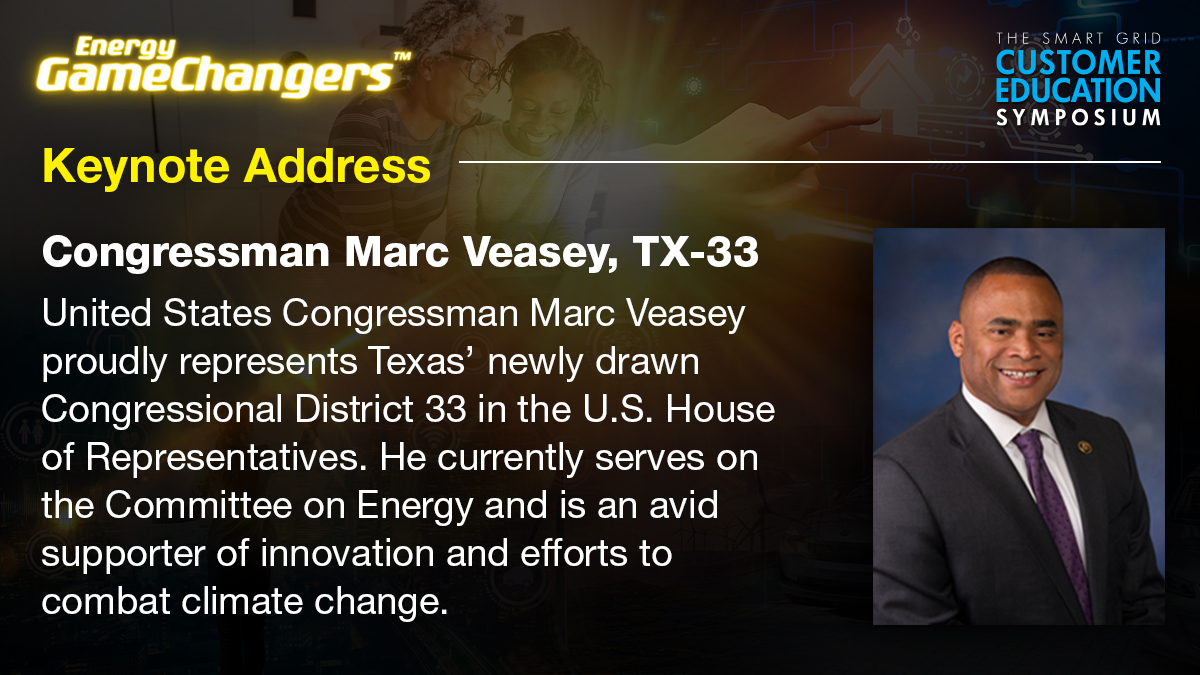 SmartEnergyIP's tweet image. We are honored to have Congressman Marc Veasey from Texas keynote the Smart Grid Customer Education Symposium. Register today! bit.ly/2QuACXz