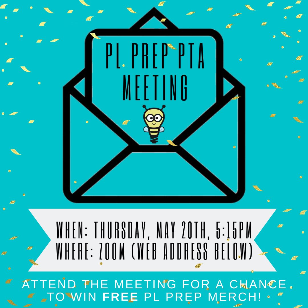 PLPrepPTA's tweet image. Please join us for the PL Prep PTA meeting this week! Zoom Meeting: bit.ly/PLPrepPTAMayMe…

Password: plpreppta

Meeting Agenda: bit.ly/PTAMayAgenda

#plbuzz #plprep #plprepPTA