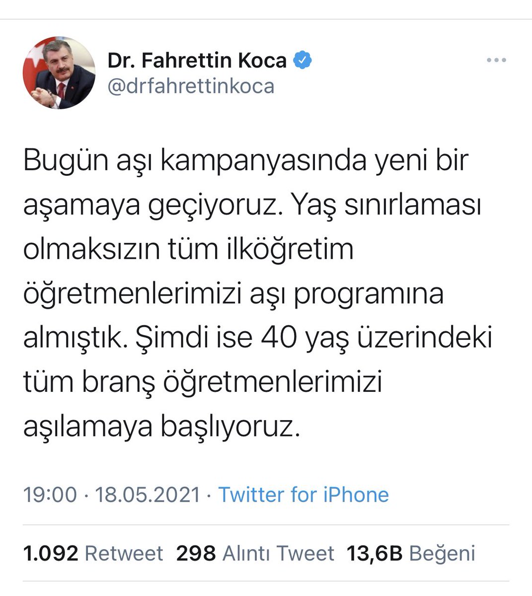 Salgın nedeniyle yüz yüze eğitimin yapılamaması öğrencilerde öğrenme kayıplarına,bu durum eğitimcilerde kaygının yükselmesine neden oldu.

40 yaş üstü aşılamayı önemli bir adım olarak görüyor,👏tüm eğitim çalışanları aşılansın,normale dönülsün,yüz yüze eğitim başlasın istiyoruz.