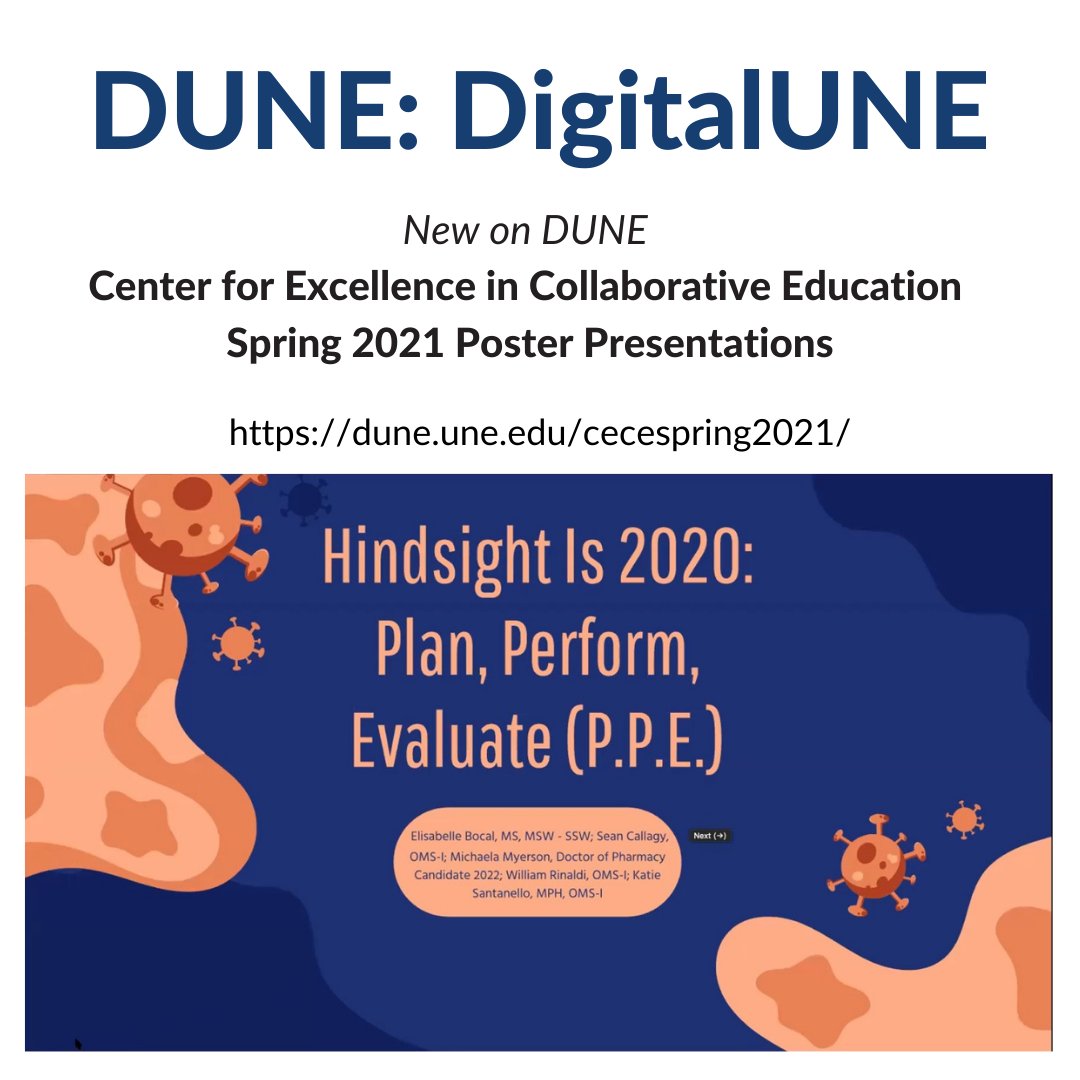 UNELibraries's tweet image. New on DUNE: DigitalUNE - CECE Spring 2021 poster presentations. You thought you&apos;d missed them, but there&apos;s no time like the present to #collaborateandlearn
dune.une.edu/cecespring2021/